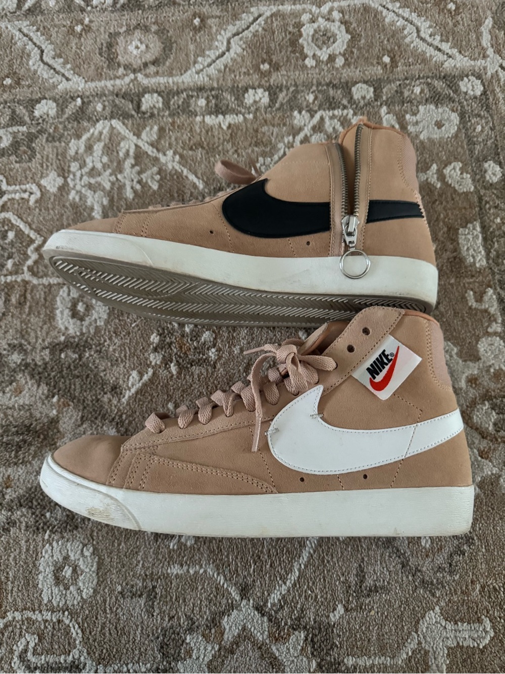 Nike women’s 8.5 Tan High-Top Sneakers with White & Black Swoosh